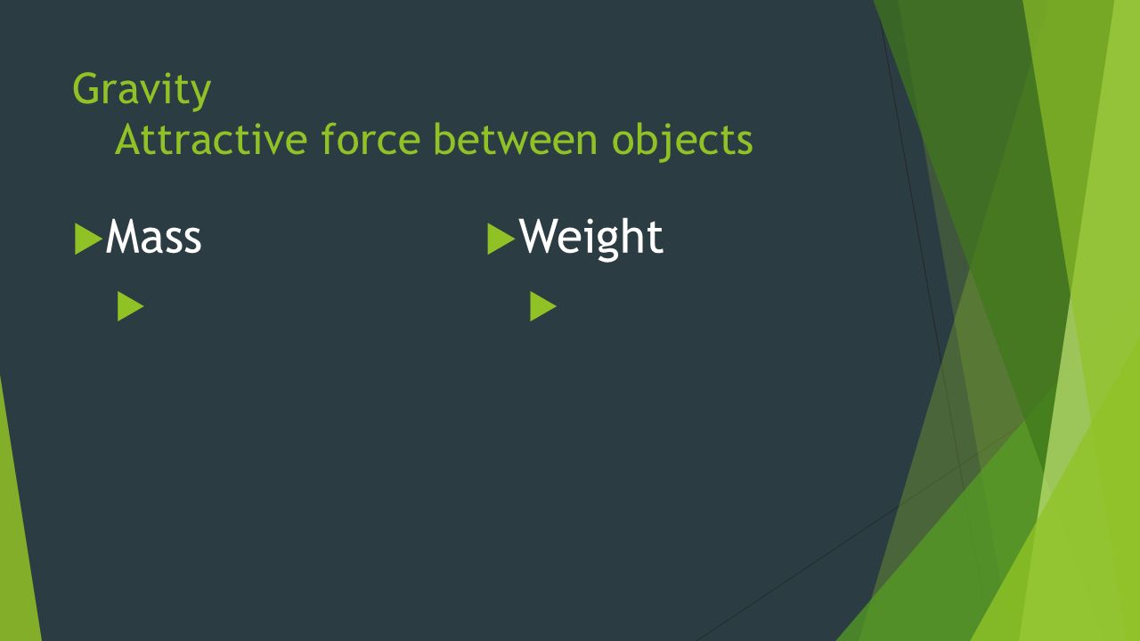 Gravity Attractive force between objects  Mass   Weight 