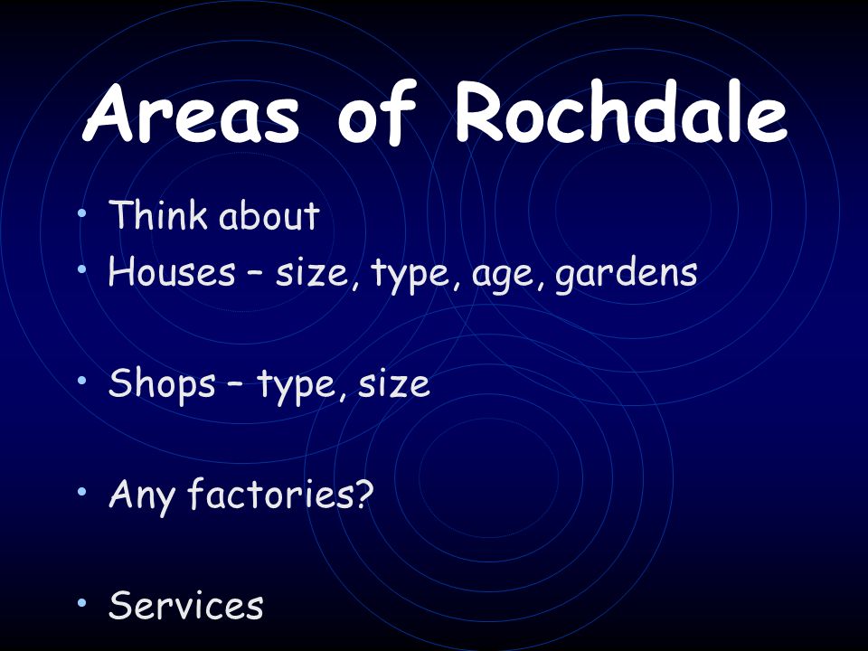 Areas of Rochdale Think about Houses – size, type, age, gardens Shops – type, size Any factories.