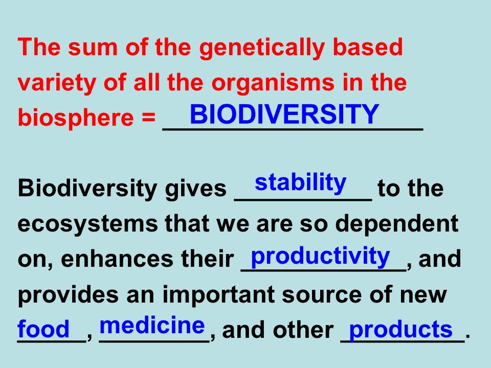 The sum of the genetically based variety of all the organisms in the biosphere = ___________________ Biodiversity gives __________ to the ecosystems that we are so dependent on, enhances their ____________, and provides an important source of new _____, ________, and other _________.