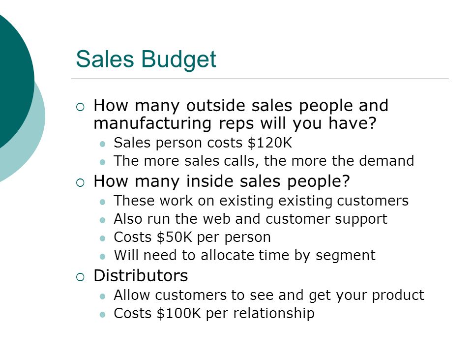 Sales Budget  How many outside sales people and manufacturing reps will you have.