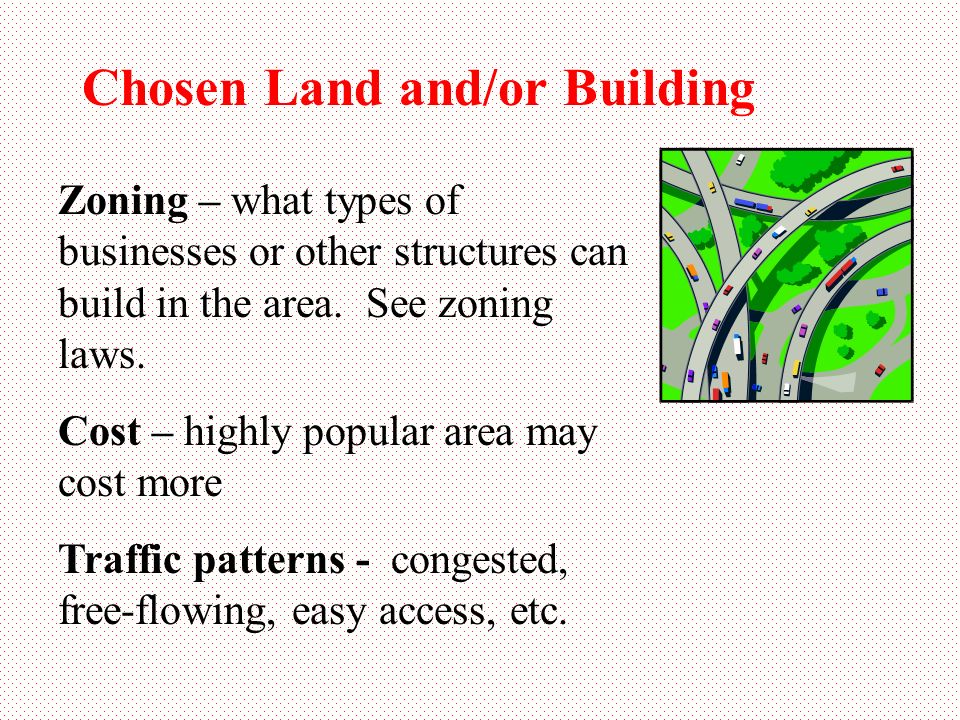 Zoning – what types of businesses or other structures can build in the area.