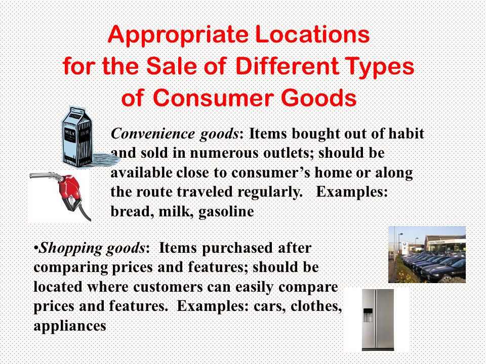 Convenience goods: Items bought out of habit and sold in numerous outlets; should be available close to consumer’s home or along the route traveled regularly.
