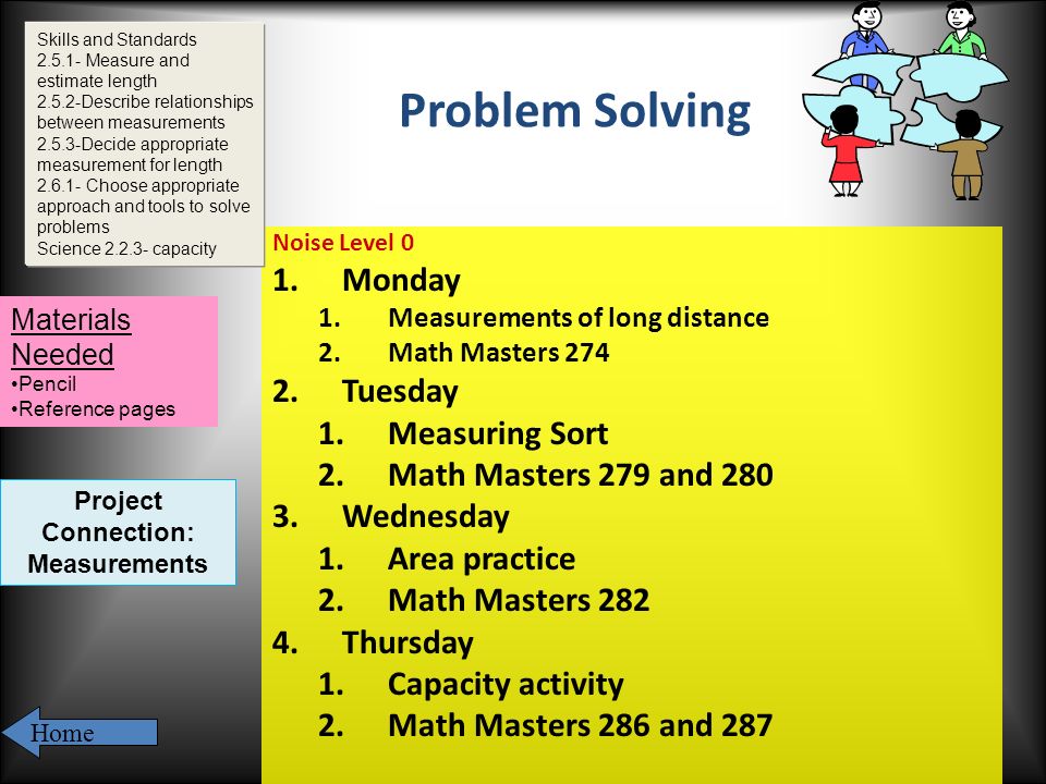 Problem Solving Noise Level 0 1.Monday 1.Measurements of long distance 2.Math Masters Tuesday 1.Measuring Sort 2.Math Masters 279 and Wednesday 1.Area practice 2.Math Masters Thursday 1.Capacity activity 2.Math Masters 286 and 287 Skills and Standards Measure and estimate length Describe relationships between measurements Decide appropriate measurement for length Choose appropriate approach and tools to solve problems Science capacity Materials Needed Pencil Reference pages Home Project Connection: Measurements