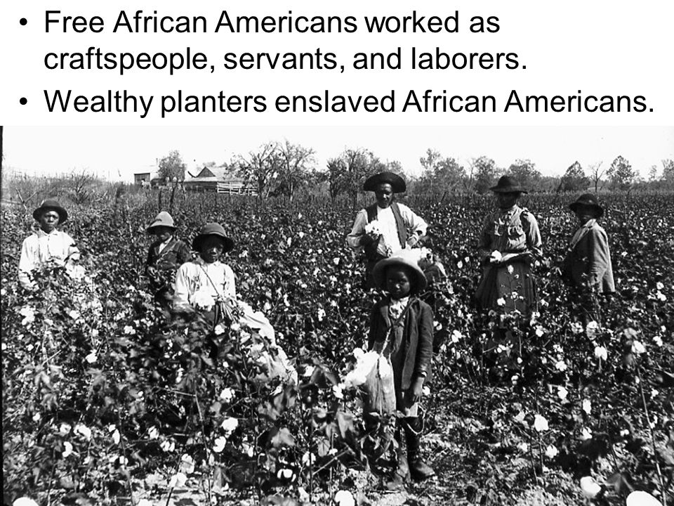Free African Americans worked as craftspeople, servants, and laborers.