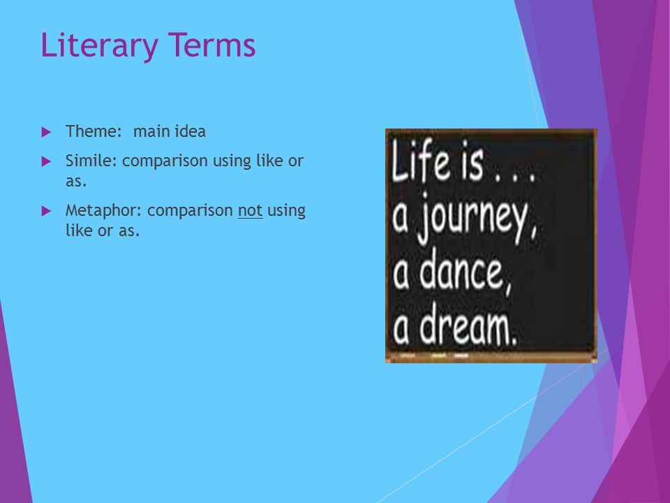 Literary Terms  Theme: main idea  Simile: comparison using like or as.