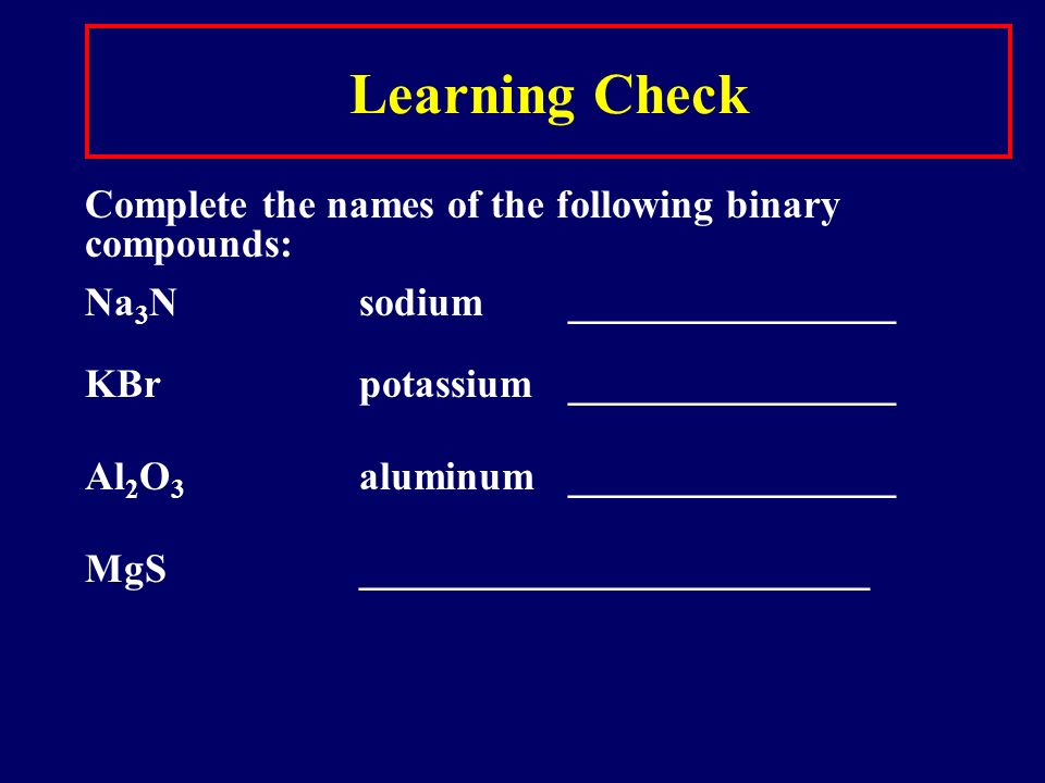 Naming Binary Ionic Compounds Contain 2 different elements Name the metal first, then the nonmetal as -ide.