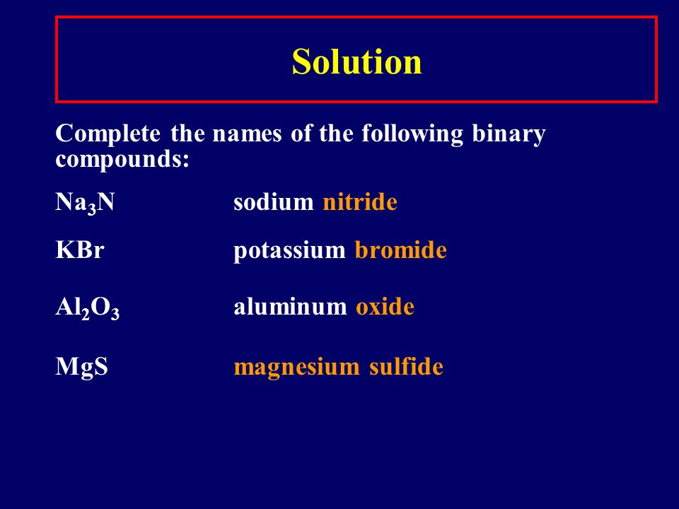Learning Check Complete the names of the following binary compounds: Na 3 Nsodium ________________ KBrpotassium________________ Al 2 O 3 aluminum ________________ MgS_________________________