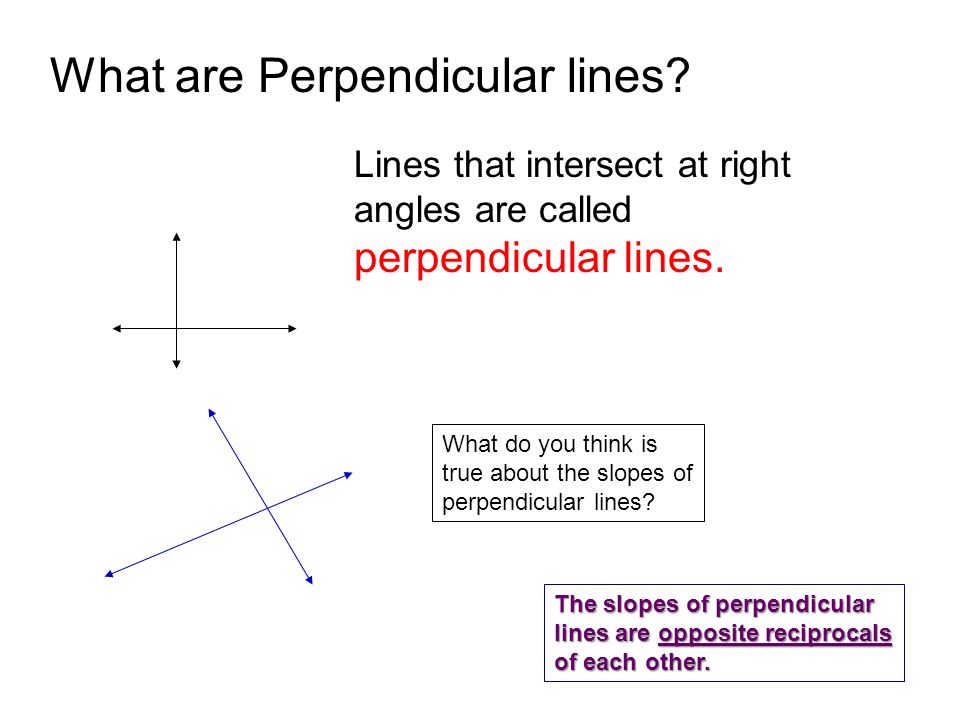 What are Perpendicular lines. Lines that intersect at right angles are called perpendicular lines.