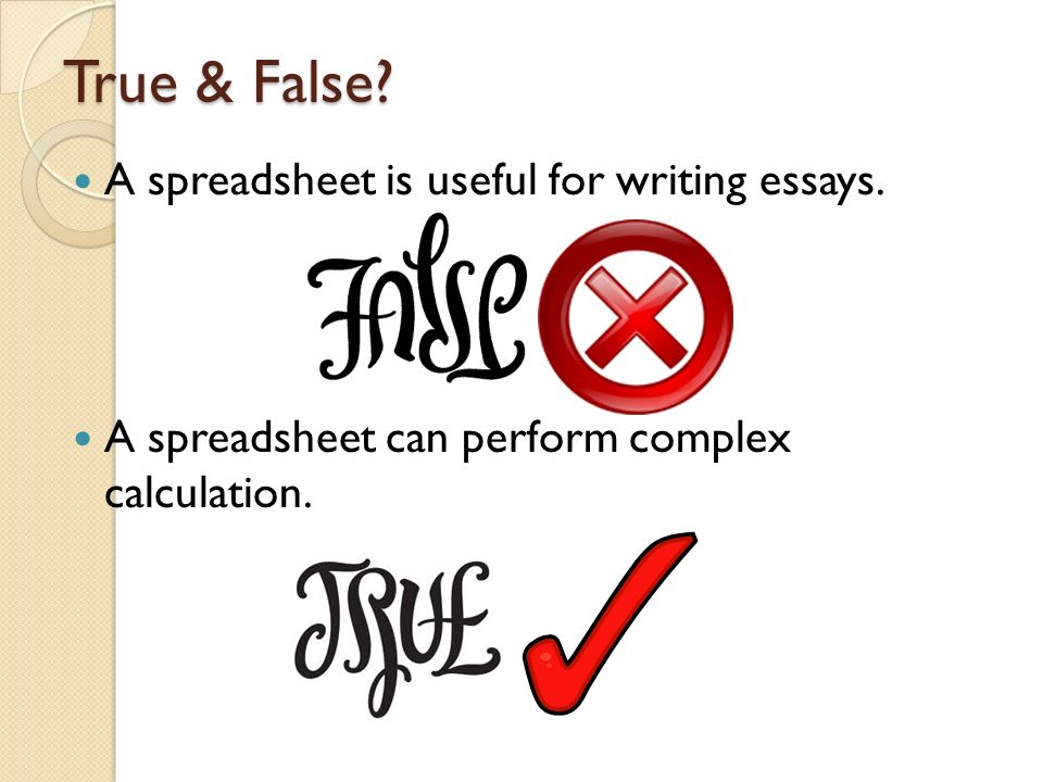 True & False. A spreadsheet is useful for writing essays.