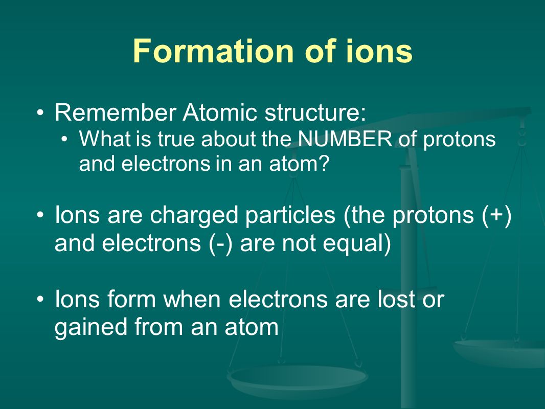 Formation of ions Remember Atomic structure: What is true about the NUMBER of protons and electrons in an atom.