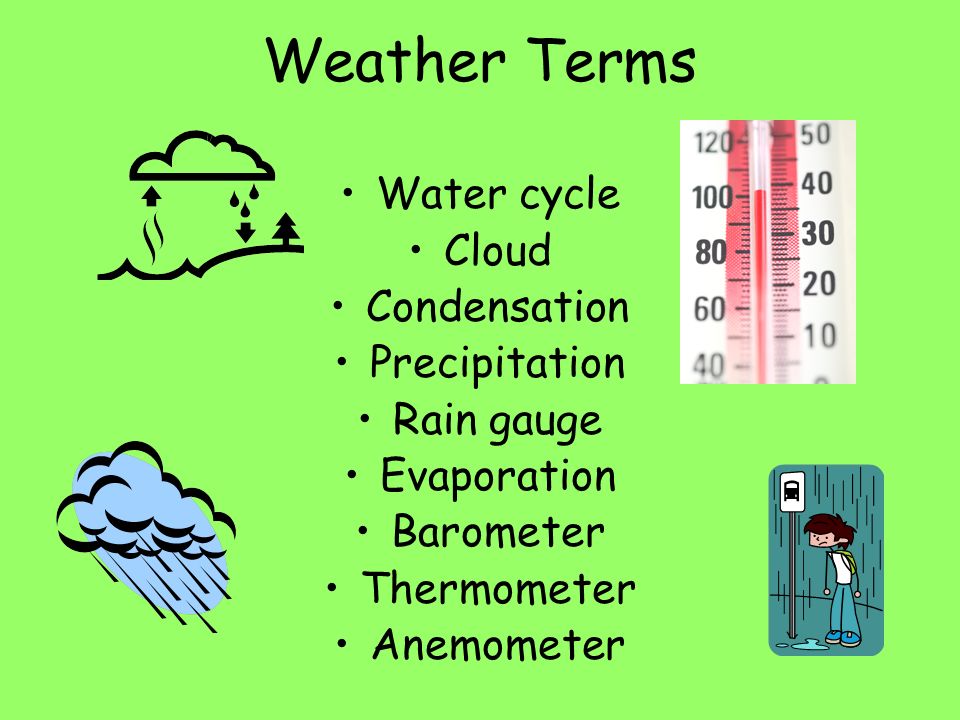 Weather Terms Water cycle Cloud Condensation Precipitation Rain gauge Evaporation Barometer Thermometer Anemometer