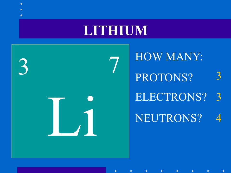LITHIUM Li 3 7 HOW MANY: PROTONS 3 ELECTRONS 3 NEUTRONS 4