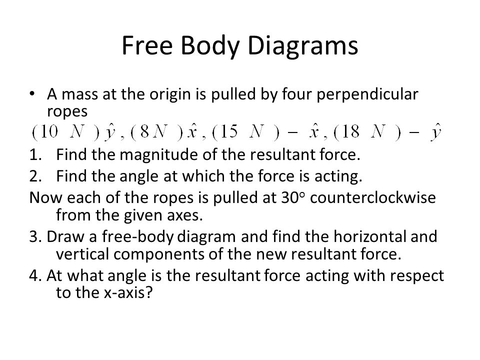 Free Body Diagrams A mass at the origin is pulled by four perpendicular ropes 1.Find the magnitude of the resultant force.