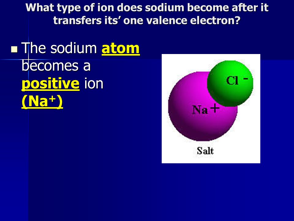 What type of ion does sodium become after it transfers its’ one valence electron.