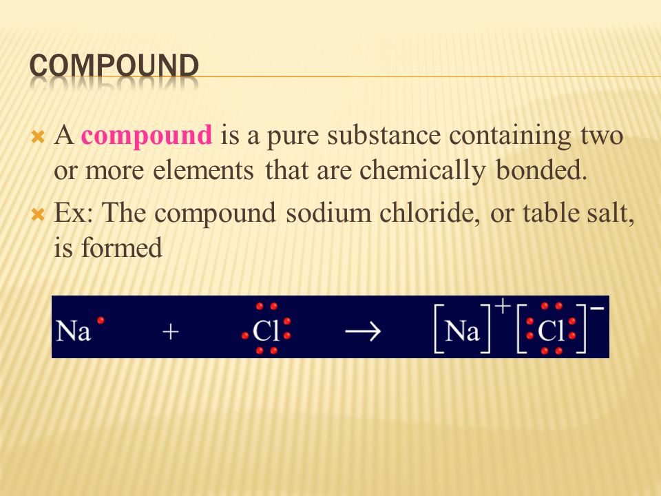  A compound is a pure substance containing two or more elements that are chemically bonded.