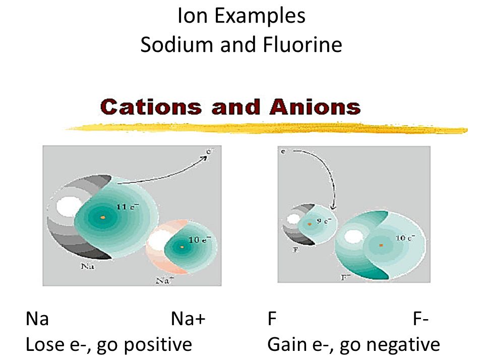 Ion Examples Sodium and Fluorine NaNa+ Lose e-, go positive FF- Gain e-, go negative
