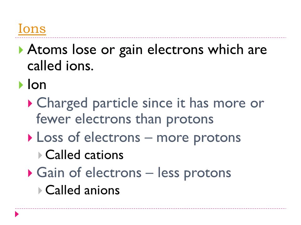 Ions  Atoms lose or gain electrons which are called ions.