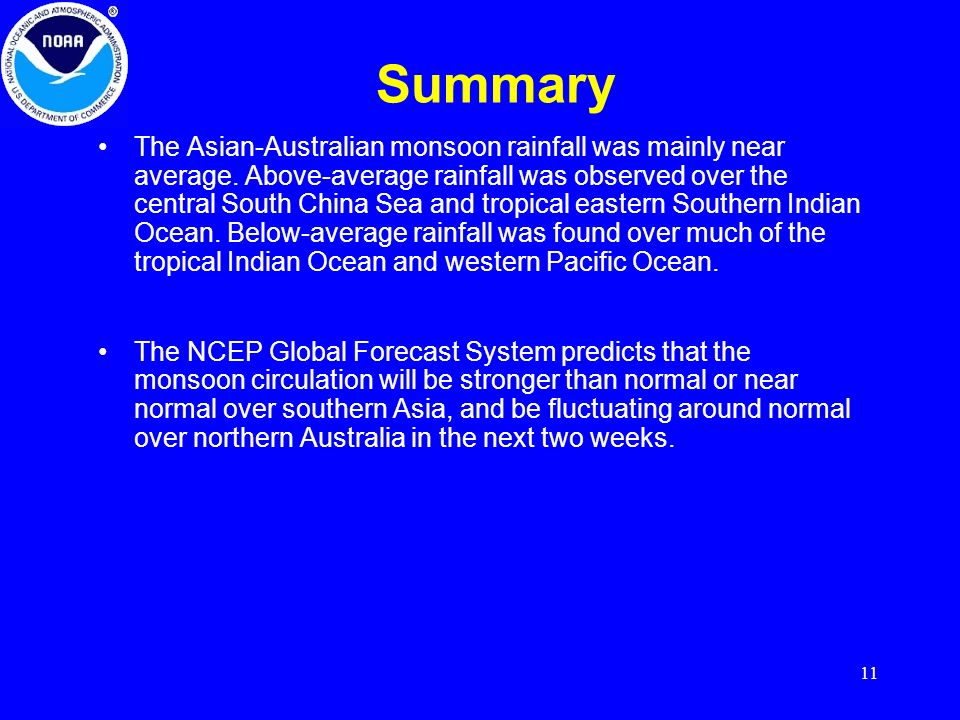 11 Summary The Asian-Australian monsoon rainfall was mainly near average.