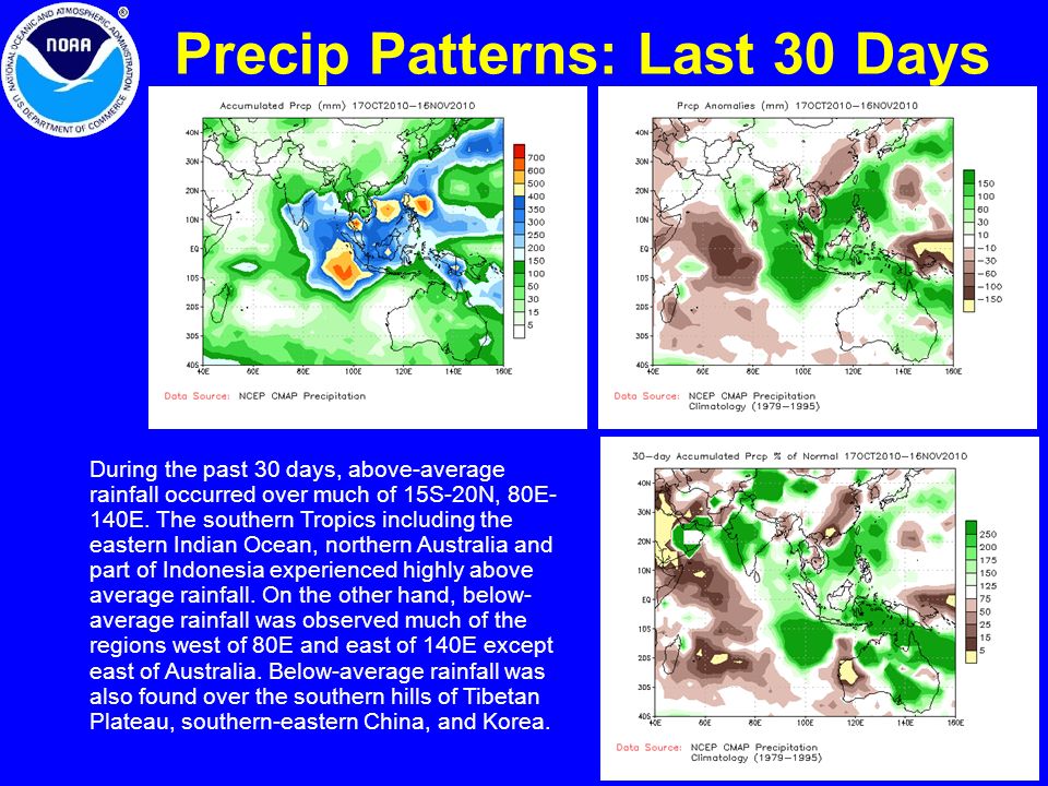 4 Precip Patterns: Last 30 Days During the past 30 days, above-average rainfall occurred over much of 15S-20N, 80E- 140E.