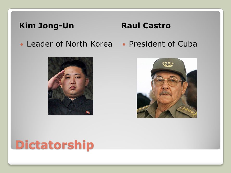 Dictatorship Kim Jong-UnRaul Castro Leader of North Korea President of Cuba