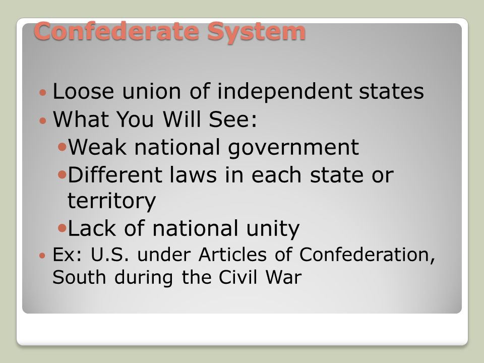 Confederate System Loose union of independent states What You Will See: Weak national government Different laws in each state or territory Lack of national unity Ex: U.S.