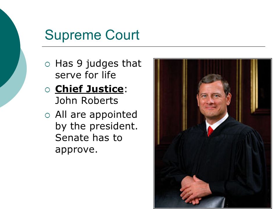 Supreme Court  Has 9 judges that serve for life  Chief Justice: John Roberts  All are appointed by the president.