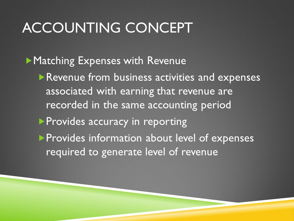 ACCOUNTING CONCEPT  Matching Expenses with Revenue  Revenue from business activities and expenses associated with earning that revenue are recorded in the same accounting period  Provides accuracy in reporting  Provides information about level of expenses required to generate level of revenue