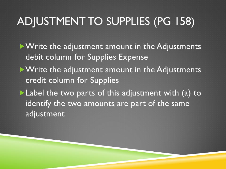 ADJUSTMENT TO SUPPLIES (PG 158)  Write the adjustment amount in the Adjustments debit column for Supplies Expense  Write the adjustment amount in the Adjustments credit column for Supplies  Label the two parts of this adjustment with (a) to identify the two amounts are part of the same adjustment