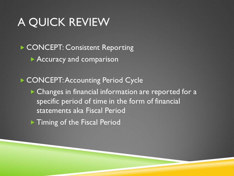 A QUICK REVIEW  CONCEPT: Consistent Reporting  Accuracy and comparison  CONCEPT: Accounting Period Cycle  Changes in financial information are reported for a specific period of time in the form of financial statements aka Fiscal Period  Timing of the Fiscal Period