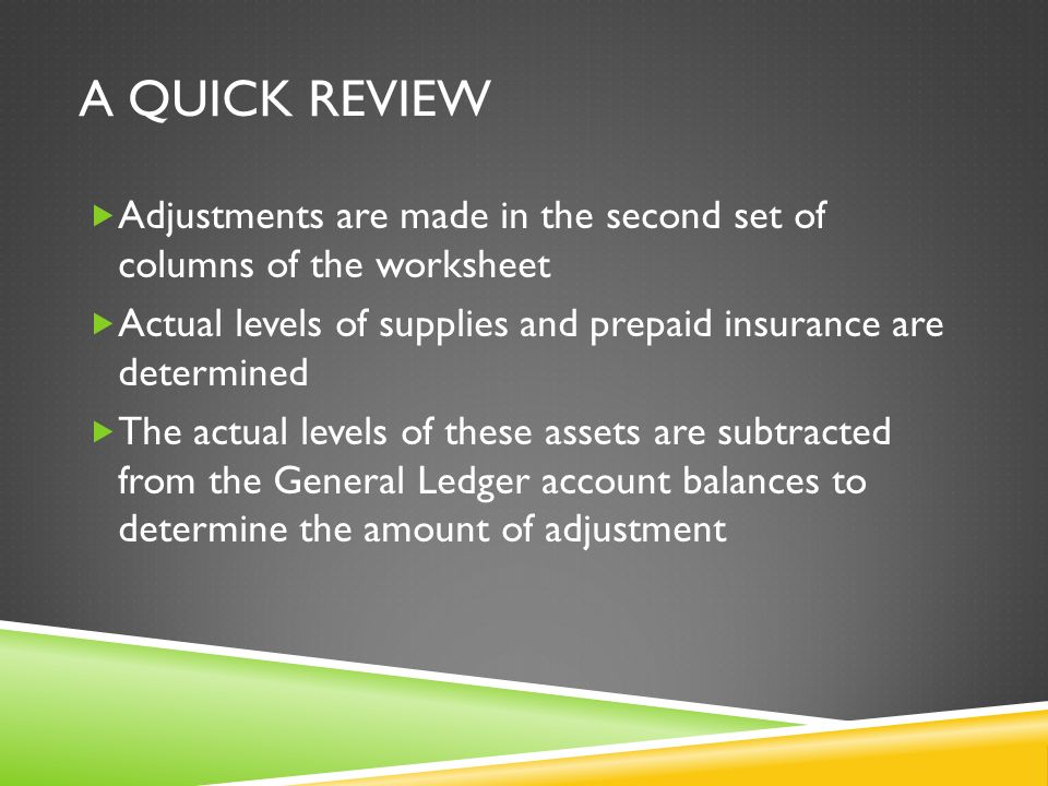 A QUICK REVIEW  Adjustments are made in the second set of columns of the worksheet  Actual levels of supplies and prepaid insurance are determined  The actual levels of these assets are subtracted from the General Ledger account balances to determine the amount of adjustment