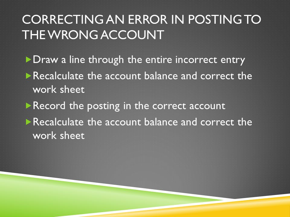 CORRECTING AN ERROR IN POSTING TO THE WRONG ACCOUNT  Draw a line through the entire incorrect entry  Recalculate the account balance and correct the work sheet  Record the posting in the correct account  Recalculate the account balance and correct the work sheet