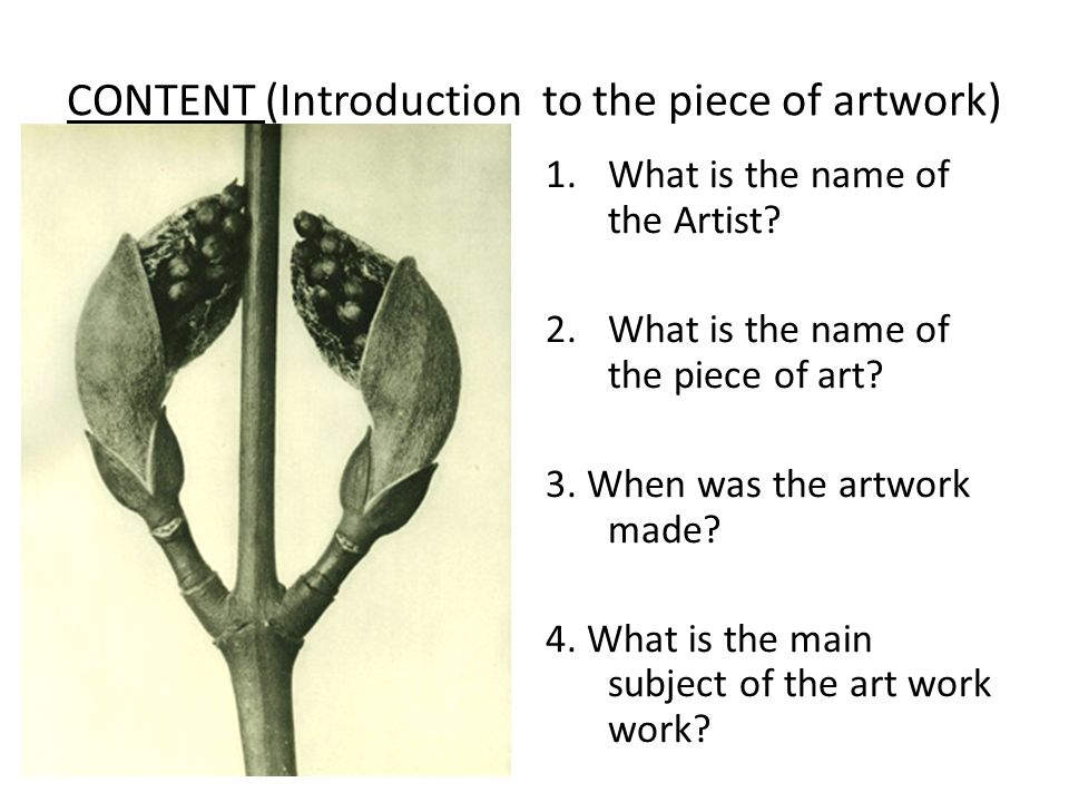 CONTENT (Introduction to the piece of artwork) 1.What is the name of the Artist.