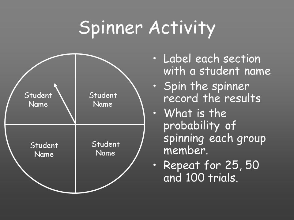 Spinner Activity Label each section with a student name Spin the spinner record the results What is the probability of spinning each group member.