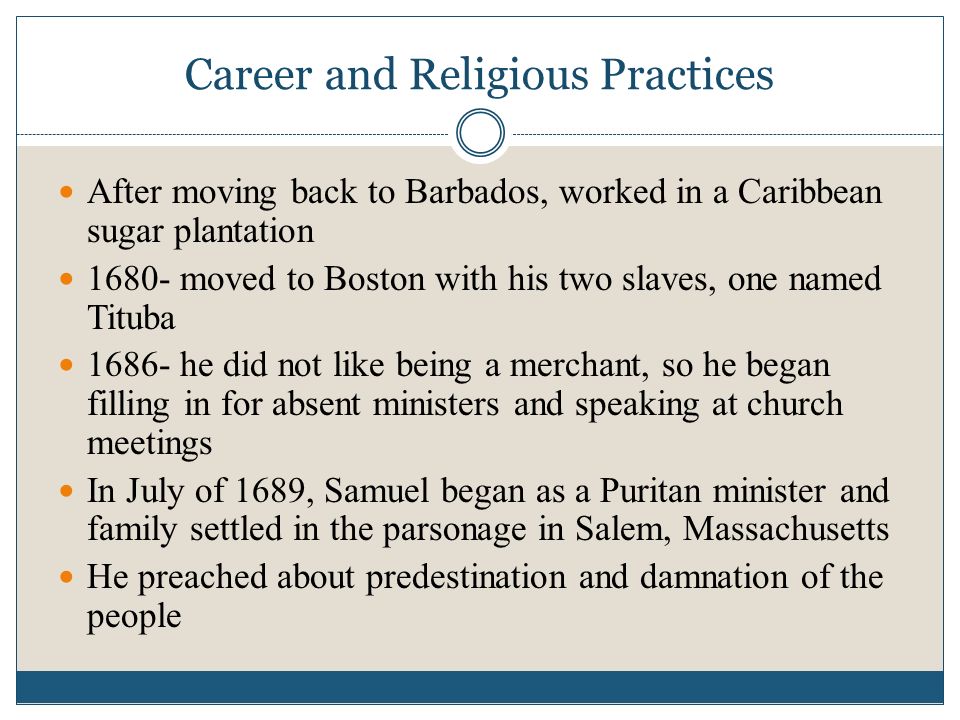 a description of the negro slave from barbados named tituba in salem massachusetts Tituba was a slave who worked for samuel parris during the salem witch trials of 1692 the various documents and books about the salem witch trials over the years often refer to tituba as black or mixed race but the actual court documents from her trial refer to her as an indian woman, servant tituba's early life: not much is known about tituba. a description of the negro slave from barbados named tituba in salem massachusetts Tituba was a slave who worked for samuel parris during the salem witch trials of 1692 the various documents and books about the salem witch trials over the years often refer to tituba as black or mixed race but the actual court documents from her trial refer to her as an indian woman, servant tituba's early life: not much is known about tituba.