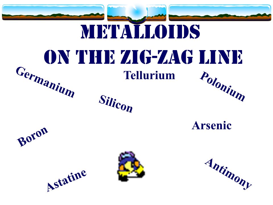 Metalloids Boron Silicon Germanium Arsenic Antimony Tellurium Polonium Astatine on the zig-zag line