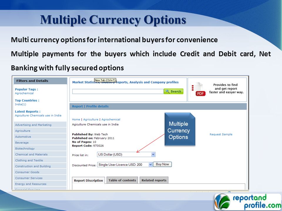 Multi currency options for international buyers for convenience Multiple payments for the buyers which include Credit and Debit card, Net Banking with fully secured options Multiple Currency Options