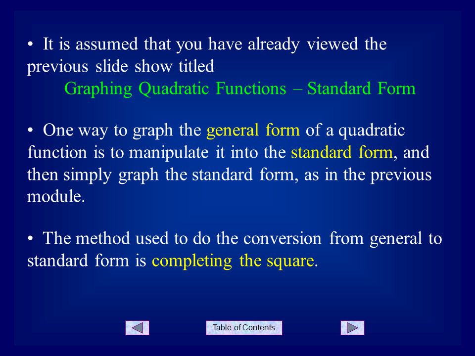 table of contents graphing quadratic functions converting general converting from general form to standard form