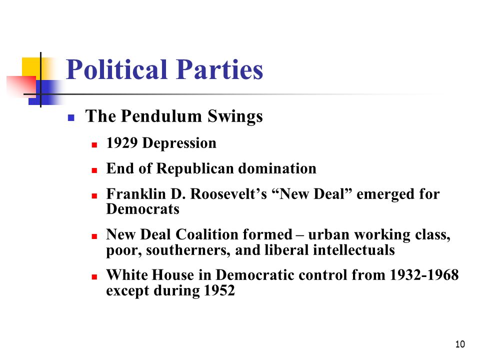 10 Political Parties The Pendulum Swings 1929 Depression End of Republican domination Franklin D.
