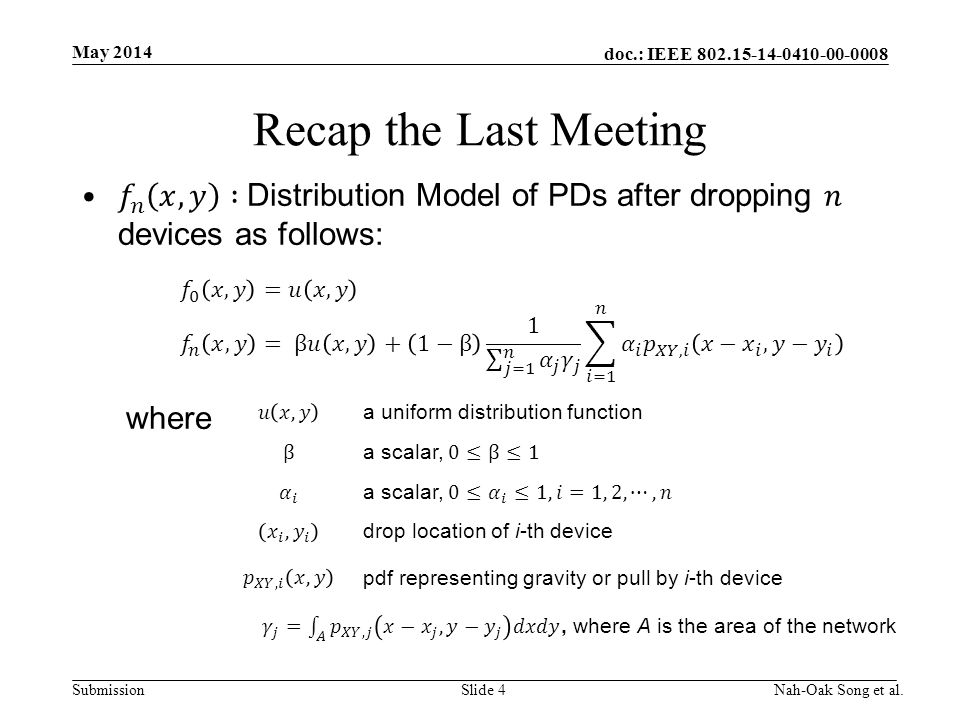 doc.: IEEE Submission Recap the Last Meeting May 2014 Nah-Oak Song et al.Slide 4 a uniform distribution function drop location of i-th device pdf representing gravity or pull by i-th device