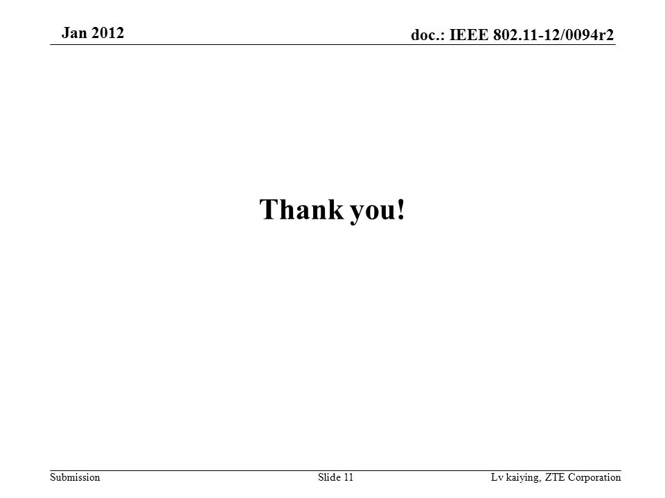 doc.: IEEE /0094r2 Submission Jan 2012 Thank you! Lv kaiying, ZTE CorporationSlide 11