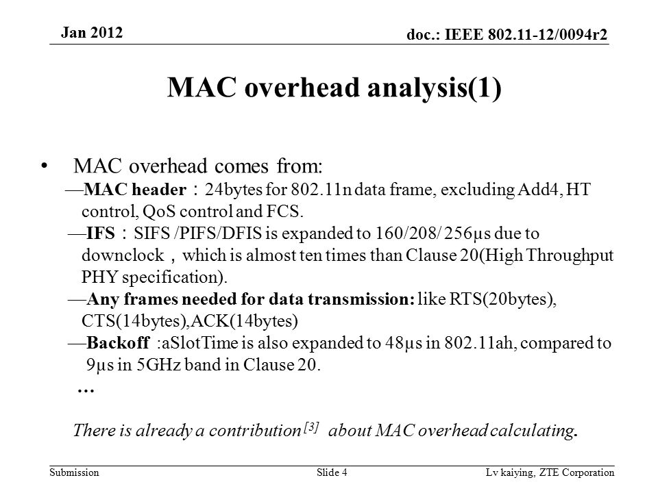 doc.: IEEE /0094r2 Submission Jan 2012 Lv kaiying, ZTE Corporation MAC overhead analysis(1) MAC overhead comes from: —MAC header ： 24bytes for n data frame, excluding Add4, HT control, QoS control and FCS.