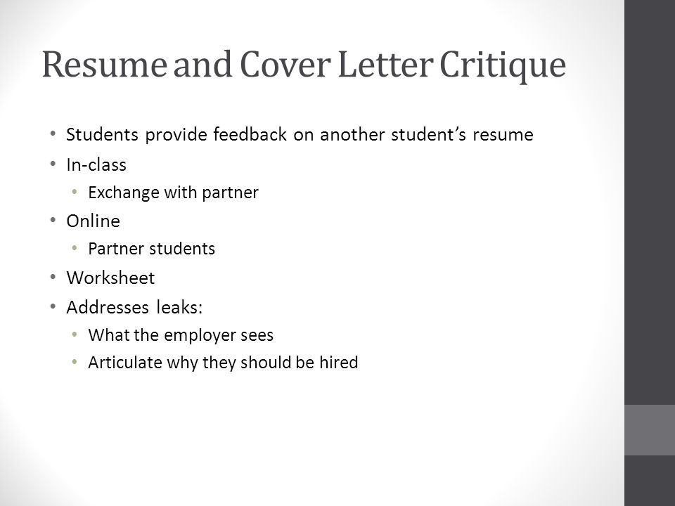 16 resume and cover letter critique students provide feedback on another students resume in class exchange