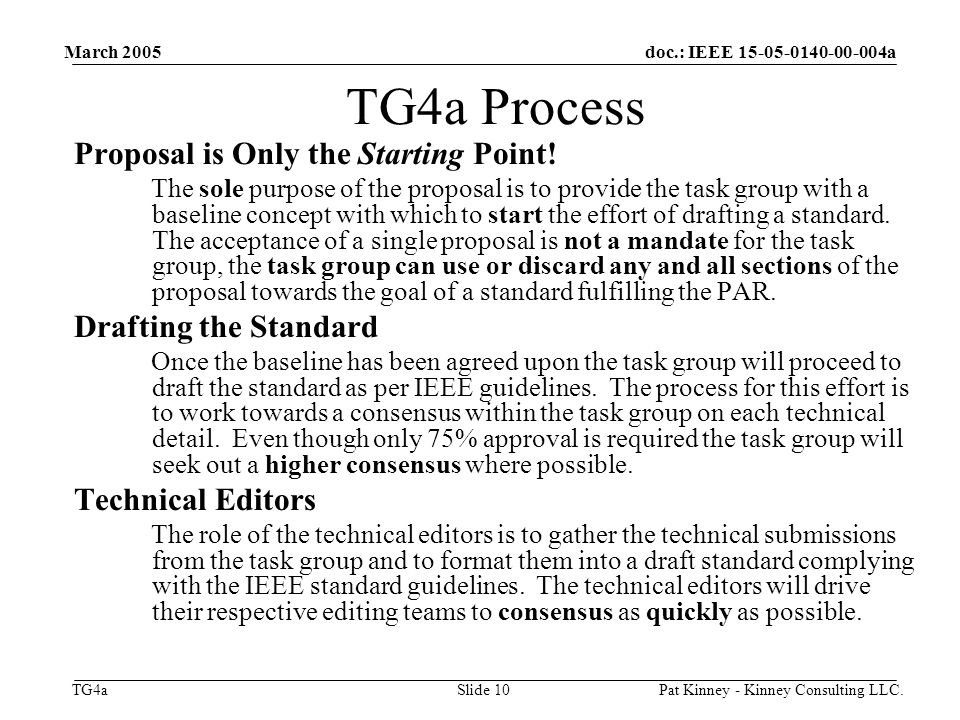 doc.: IEEE a TG4a March 2005 Pat Kinney - Kinney Consulting LLC.Slide 10 TG4a Process Proposal is Only the Starting Point.