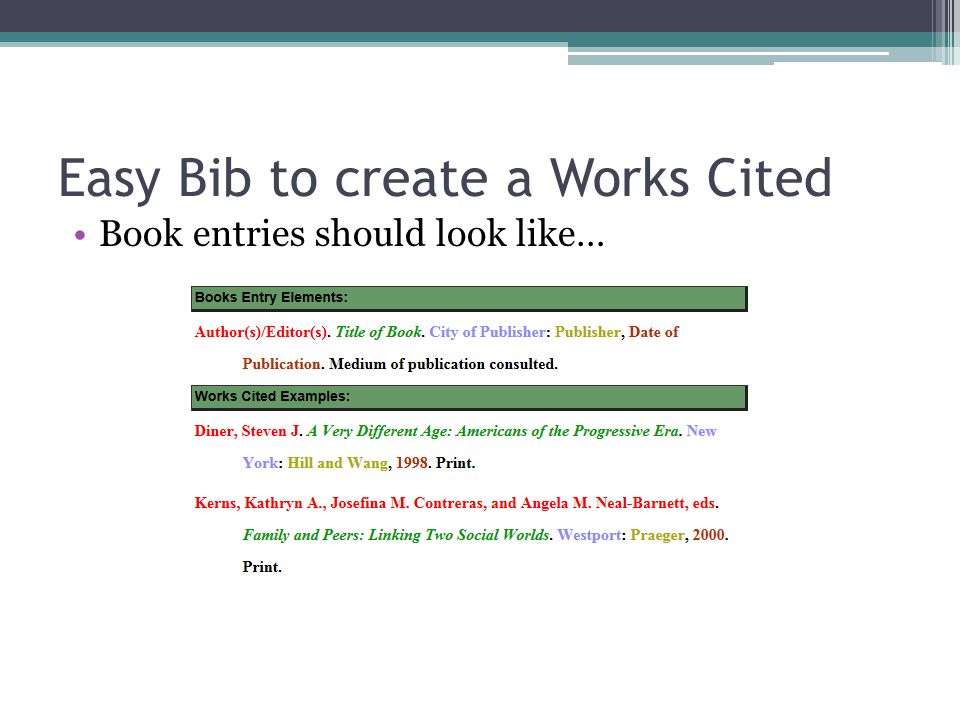 Easy Bib to create a Works Cited Book entries should look like…