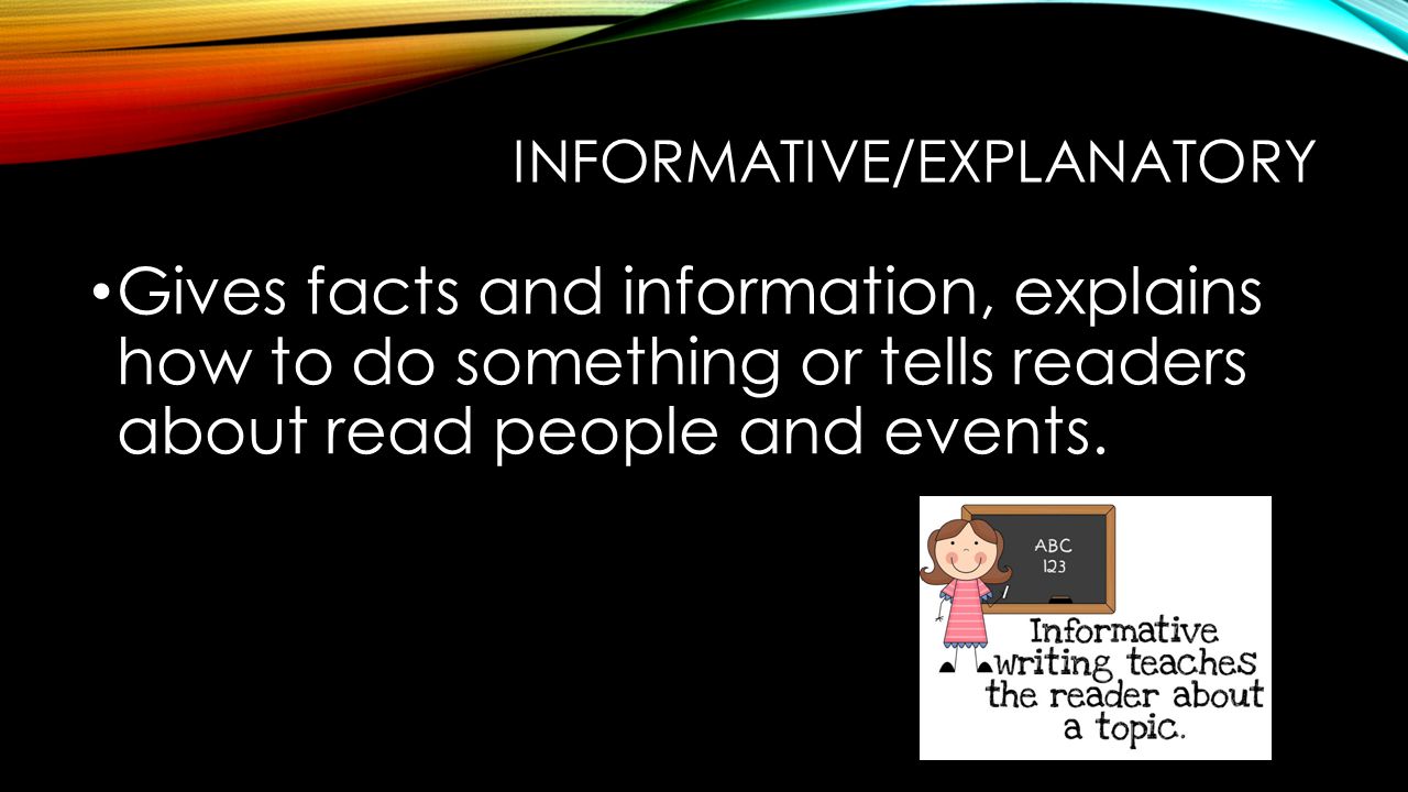INFORMATIVE/EXPLANATORY Gives facts and information, explains how to do something or tells readers about read people and events.