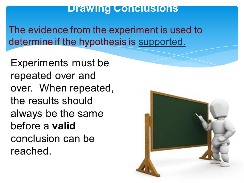Drawing Conclusions The evidence from the experiment is used to determine if the hypothesis is supported.
