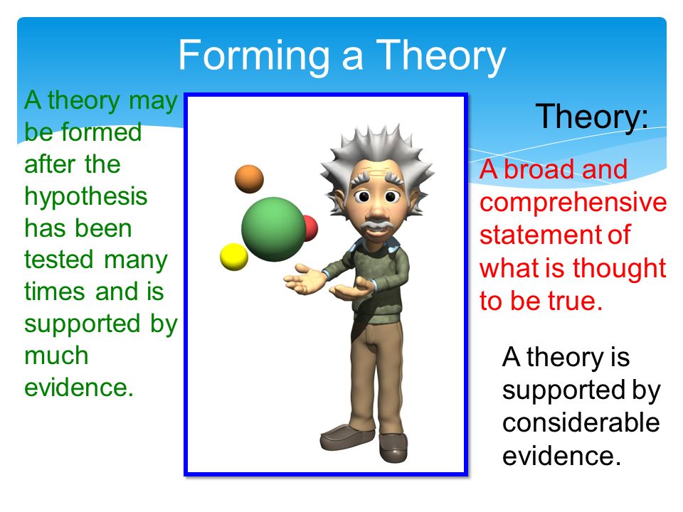 Forming a Theory A theory may be formed after the hypothesis has been tested many times and is supported by much evidence.