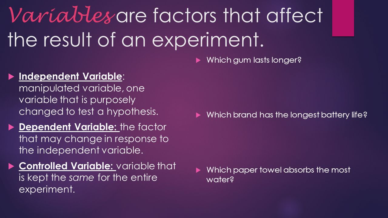 Variables are factors that affect the result of an experiment.