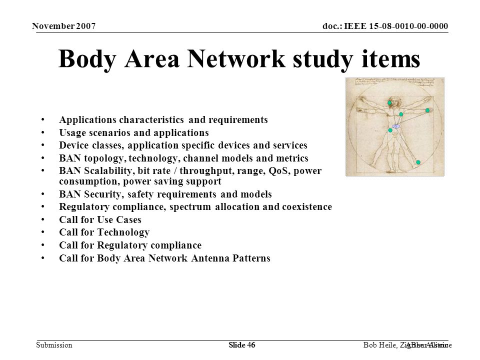 doc.: IEEE Submission November 2007 Bob Heile, ZigBee AllianceSlide 46Arthur AstrinSlide 46 Body Area Network study items Applications characteristics and requirements Usage scenarios and applications Device classes, application specific devices and services BAN topology, technology, channel models and metrics BAN Scalability, bit rate / throughput, range, QoS, power consumption, power saving support BAN Security, safety requirements and models Regulatory compliance, spectrum allocation and coexistence Call for Use Cases Call for Technology Call for Regulatory compliance Call for Body Area Network Antenna Patterns