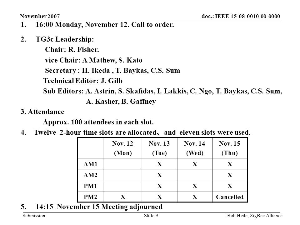 doc.: IEEE Submission November 2007 Bob Heile, ZigBee AllianceSlide :00 Monday, November 12.